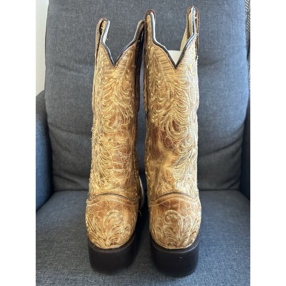 Corral Tan Leather Floral Embroidered Western Boots Square Toe Cowgirl Size 8 M - Picture 7 of 12